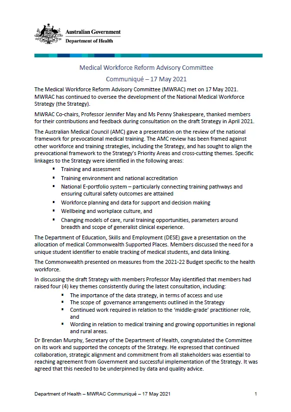 Cover image for Medical Workforce Reform Advisory Committee (MWRAC) communique – 17 May 2021