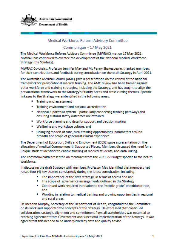 Cover image for Medical Workforce Reform Advisory Committee (MWRAC) communique – 17 May 2021