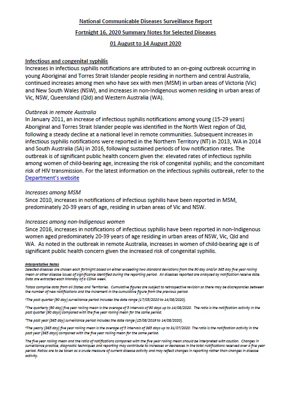 Cover image for National Interoperable Notifiable Diseases Surveillance System (NINDSS) fortnightly reports – 1 to 14 August 2020