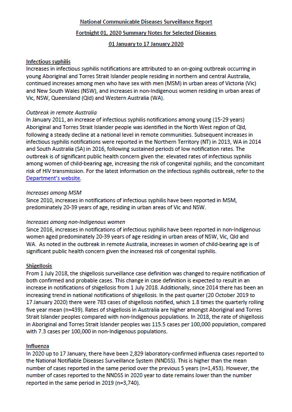 Cover image for National Interoperable Notifiable Diseases Surveillance System (NINDSS) fortnightly reports – 1 to 17 January 2020