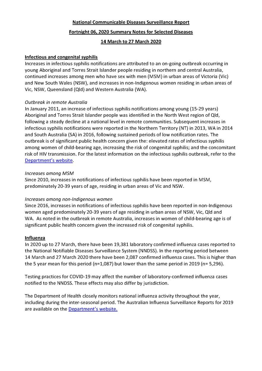 Cover image for National Interoperable Notifiable Diseases Surveillance System (NINDSS) fortnightly reports – 14 to 27 March 2020