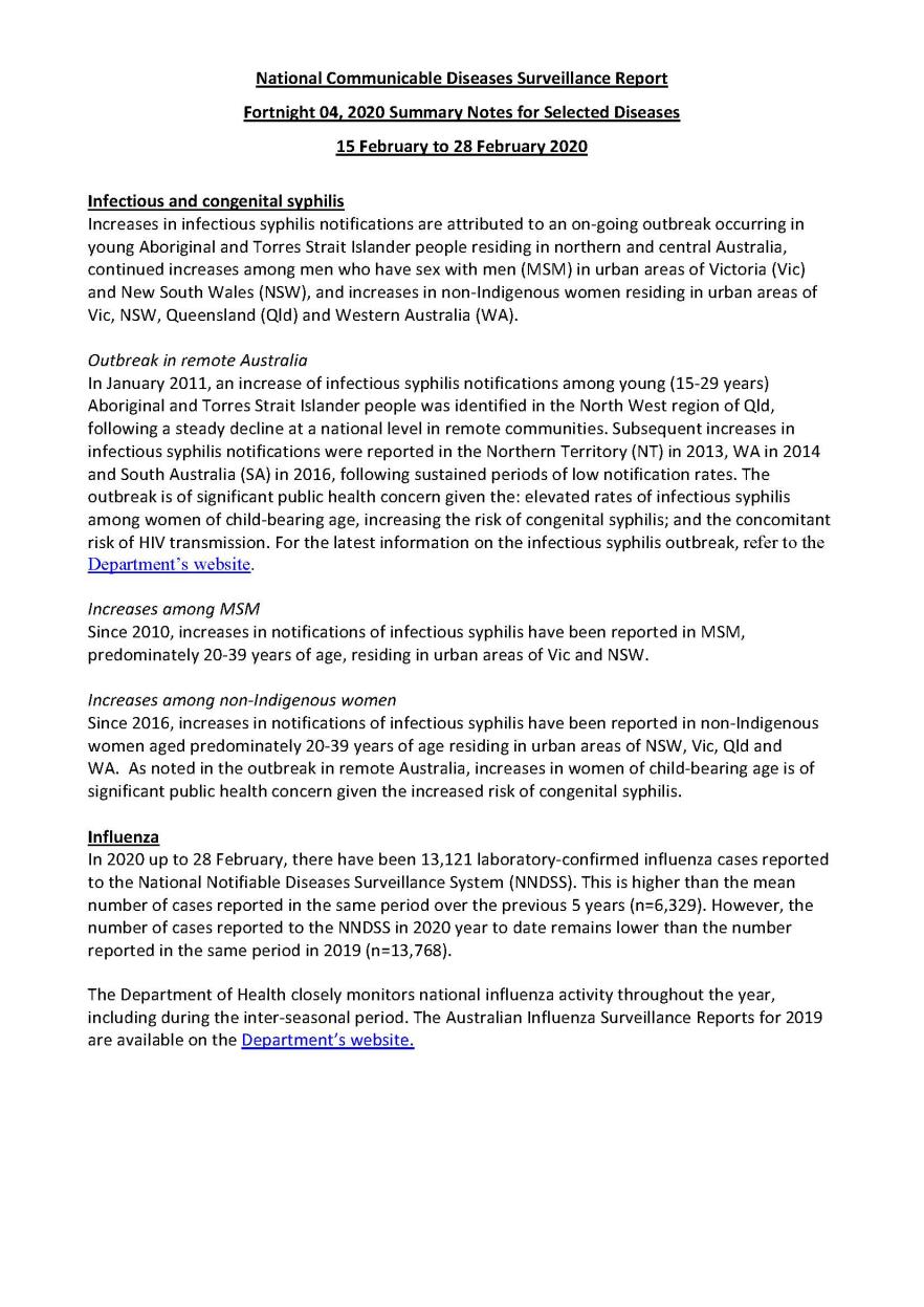 Cover image for National Interoperable Notifiable Diseases Surveillance System (NINDSS) fortnightly reports – 15 to 28 February 2020