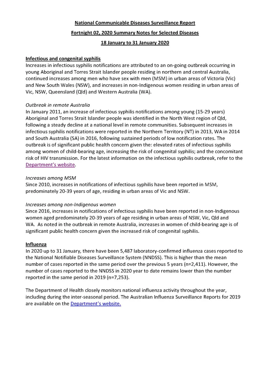 Cover image for National Interoperable Notifiable Diseases Surveillance System (NINDSS) fortnightly reports – 18 to 31 January 2020