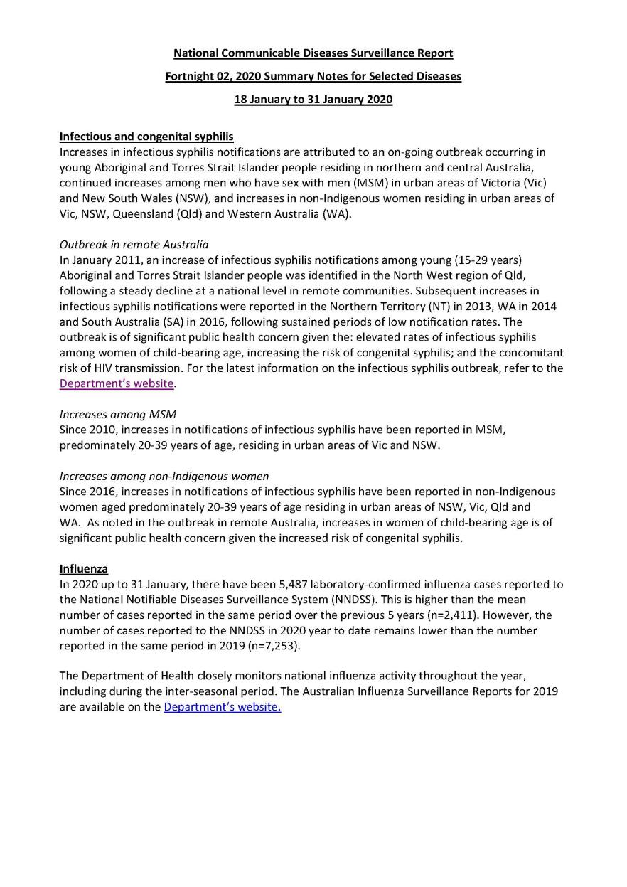Cover image for National Interoperable Notifiable Diseases Surveillance System (NINDSS) fortnightly reports – 18 to 31 January 2020