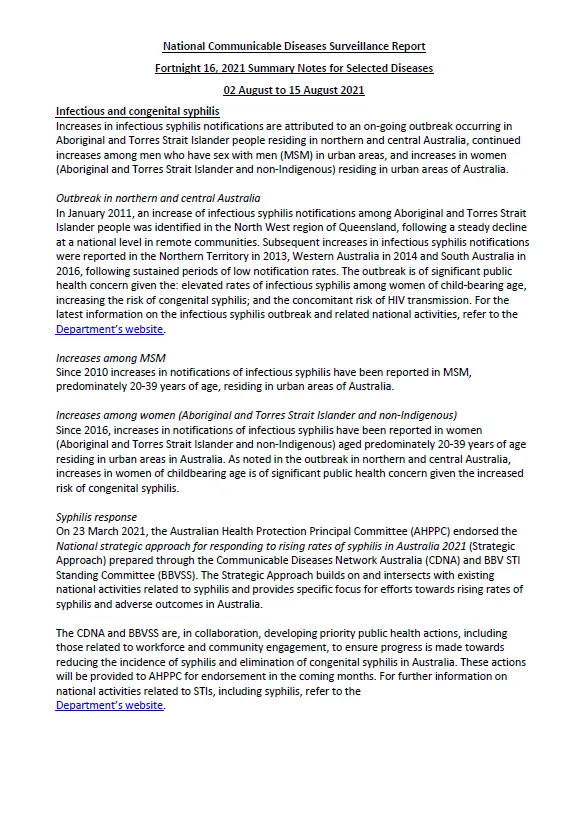 National Notifiable Diseases Surveillance System fortnightly reports – 2 to 15 August 2021