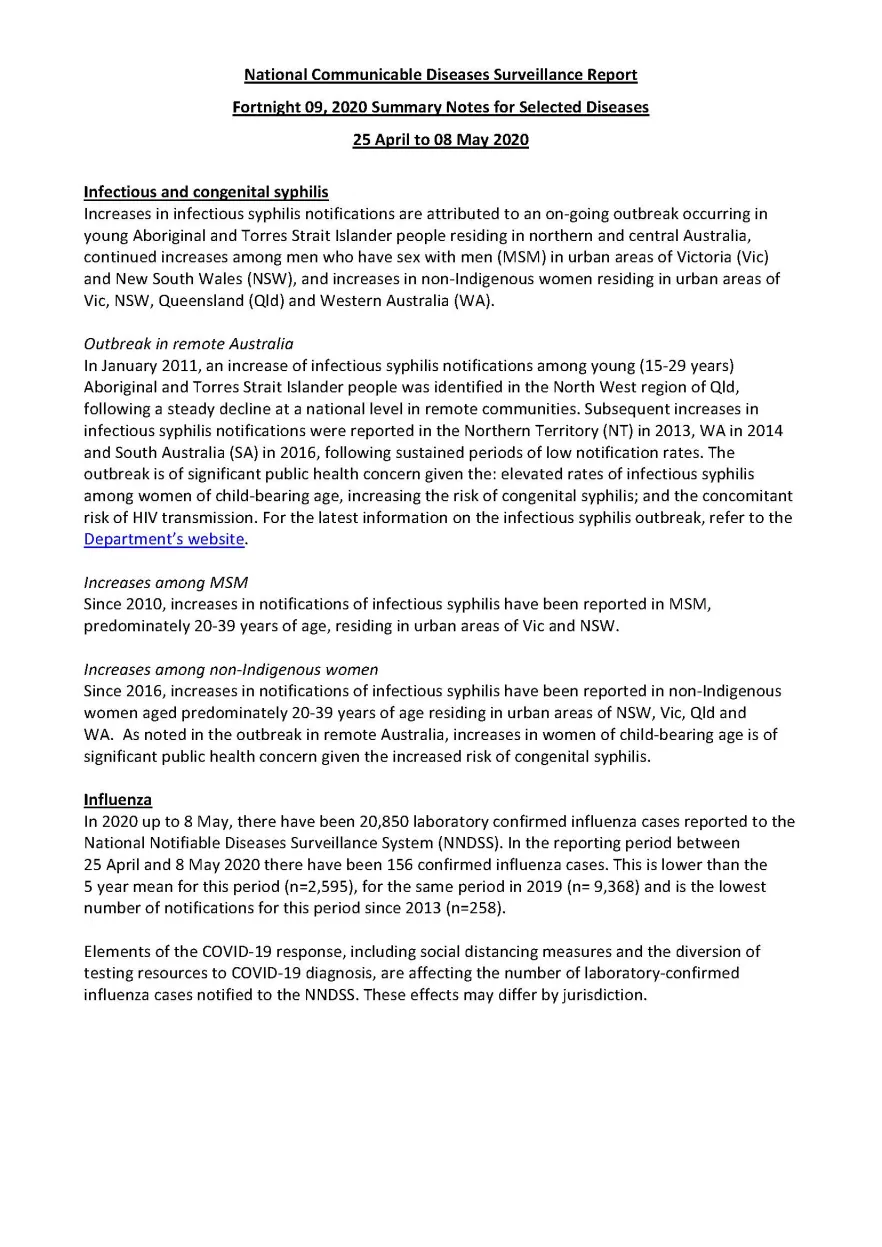 Cover image for National Interoperable Notifiable Diseases Surveillance System (NINDSS) fortnightly reports – 25 April to 8 May 2020