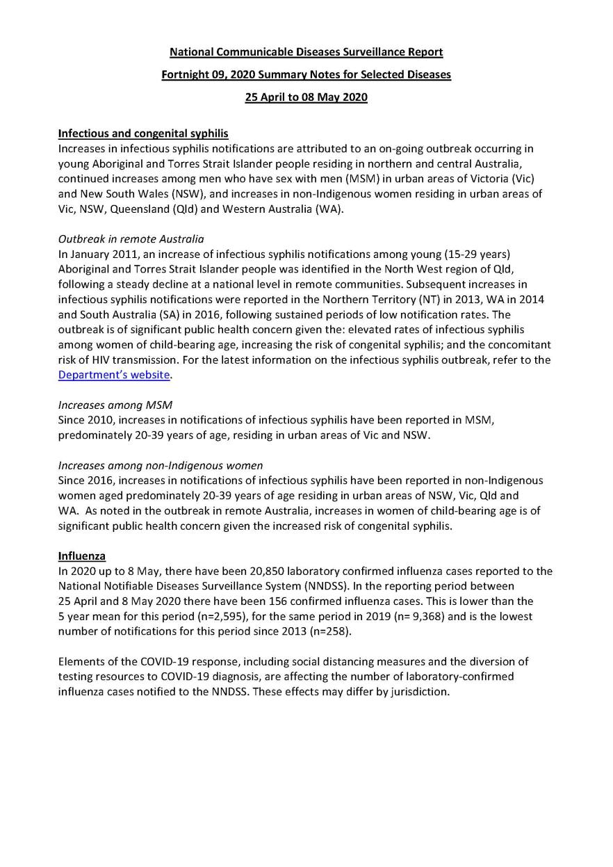 Cover image for National Interoperable Notifiable Diseases Surveillance System (NINDSS) fortnightly reports – 25 April to 8 May 2020