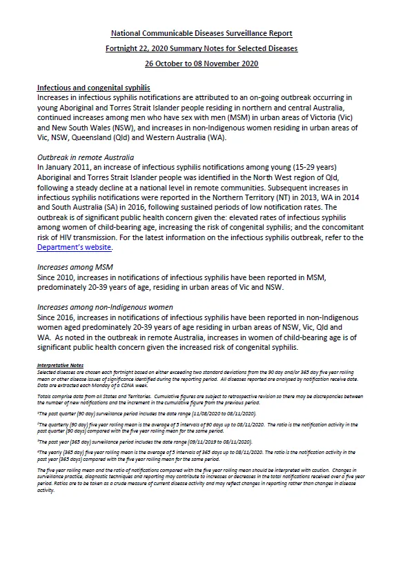 Cover image for National Notifiable Diseases Surveillance System fortnightly reports – 26 October to 8 November 2020