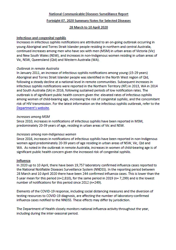 Cover image for National Interoperable Notifiable Diseases Surveillance System (NINDSS) fortnightly reports – 28 March to 10 April 2020