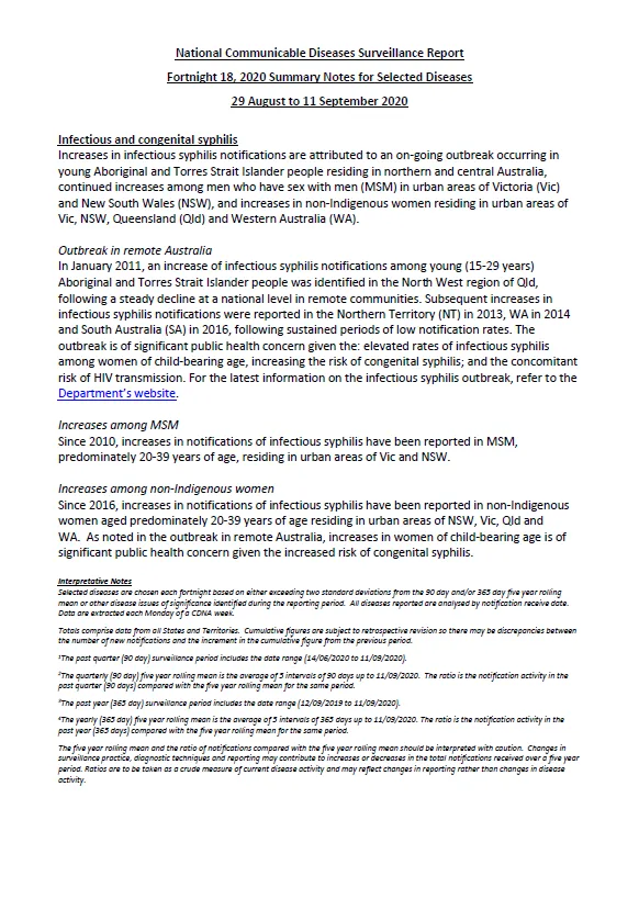 Cover image for National Interoperable Notifiable Diseases Surveillance System (NINDSS) fortnightly reports – 29 August to 11 September 2020