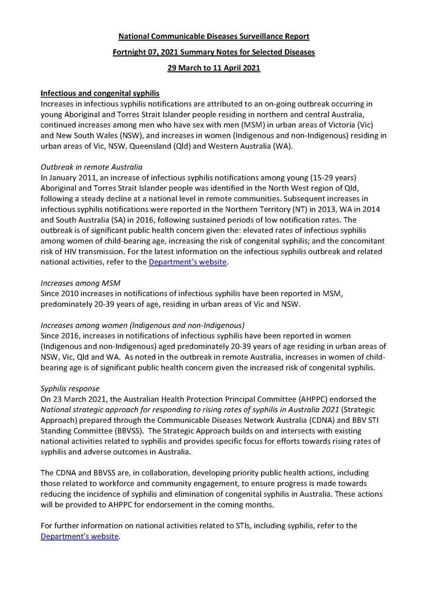 Cover image for National Notifiable Diseases Surveillance System fortnightly reports – 29 March to 11 April 2021