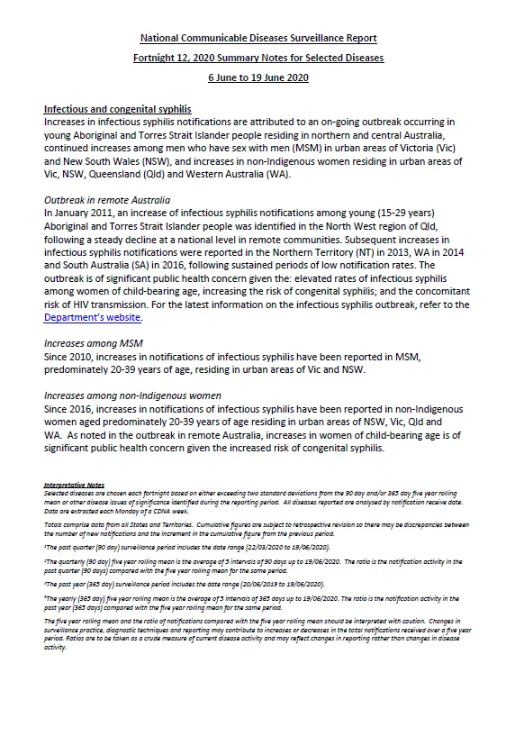 Cover image for National Interoperable Notifiable Diseases Surveillance System (NINDSS) fortnightly reports – 6 to 19 June 2020