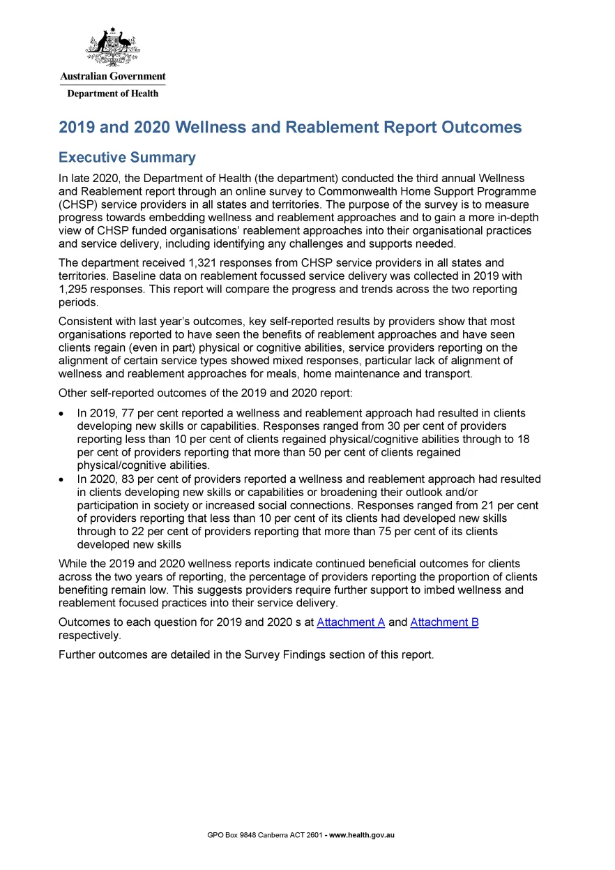 Wellness and Reablement Report Outcomes 2019 and 2020 