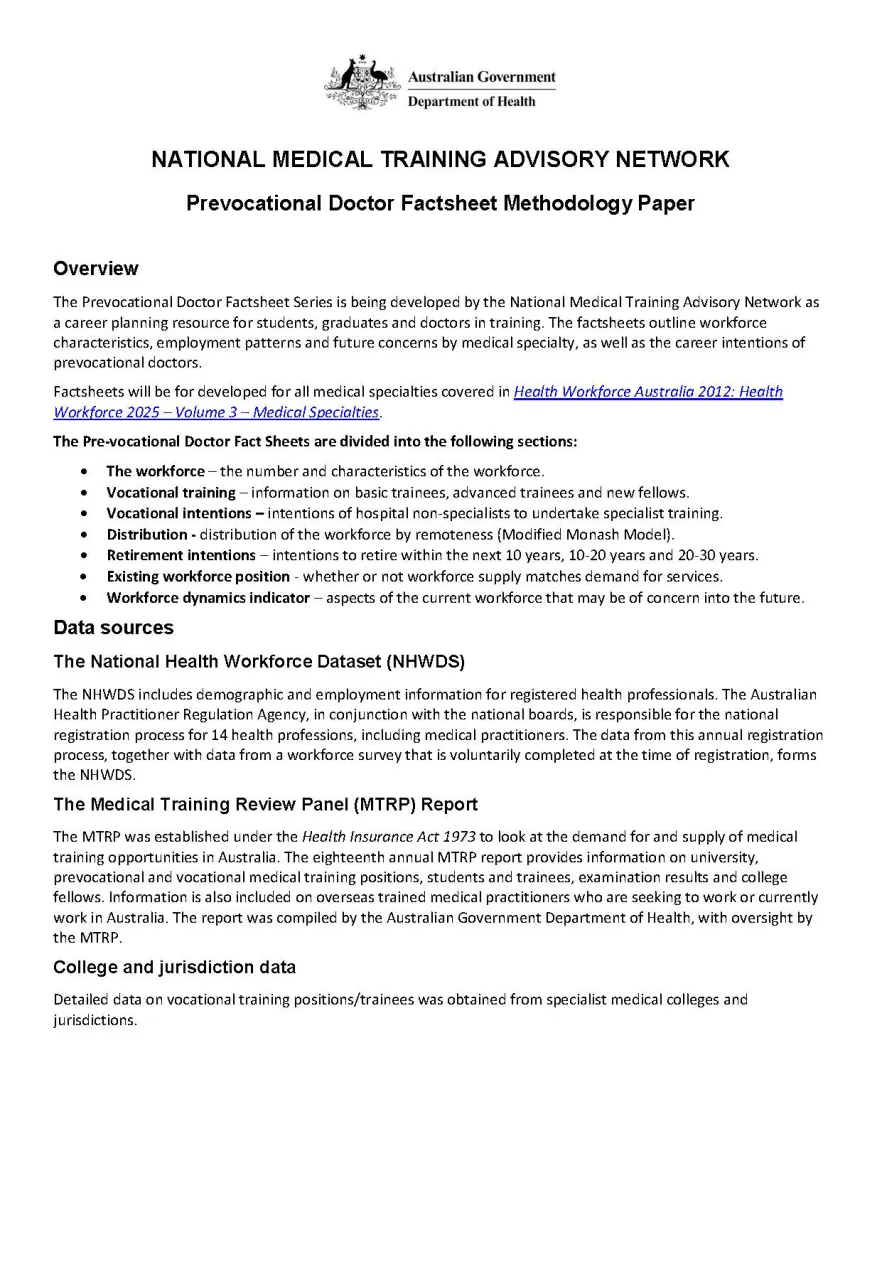 Cover image for Prevocational doctor fact sheet methodology paper