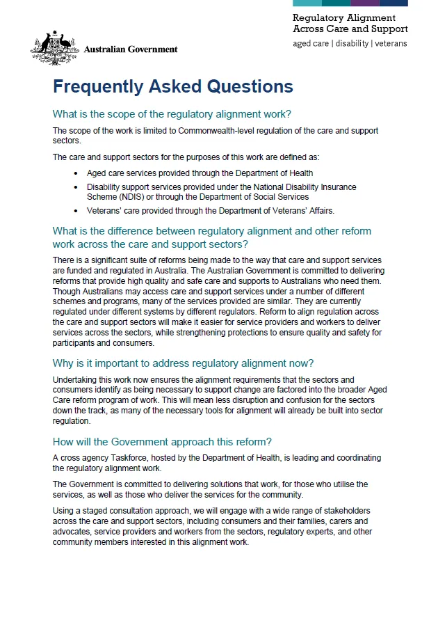 Aligning regulation across care and support – Frequently asked questions