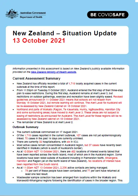 Cover image for New Zealand weekly situation update as at 13 October 2021