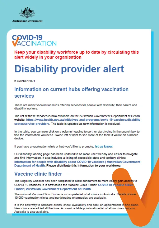 Cover image for COVID-19 vaccination - Disability Provider alert - 5 October 2021