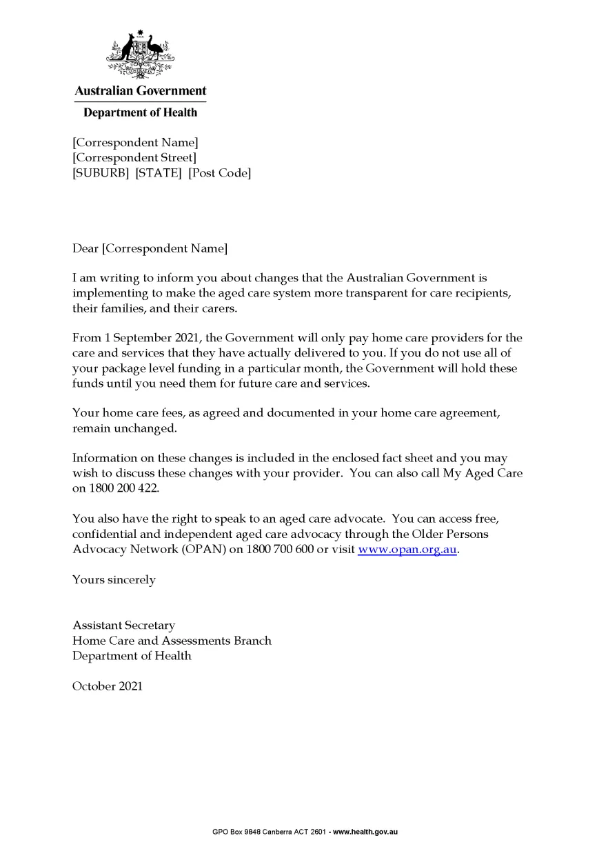Improved Payment Arrangements (IPA) Care Recipient letter