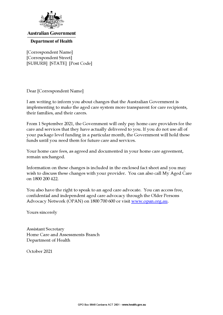 Improved Payment Arrangements (IPA) Care Recipient letter