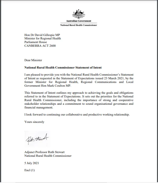 23 March 2021 statement of intent from the National Rural Health Commissioner