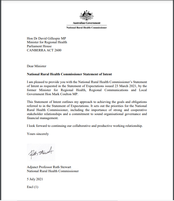 23 March 2021 statement of intent from the National Rural Health Commissioner