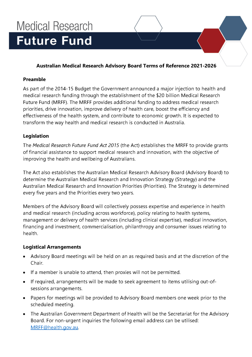 Australian Medical Research Advisory Board – terms of reference 2021-2026