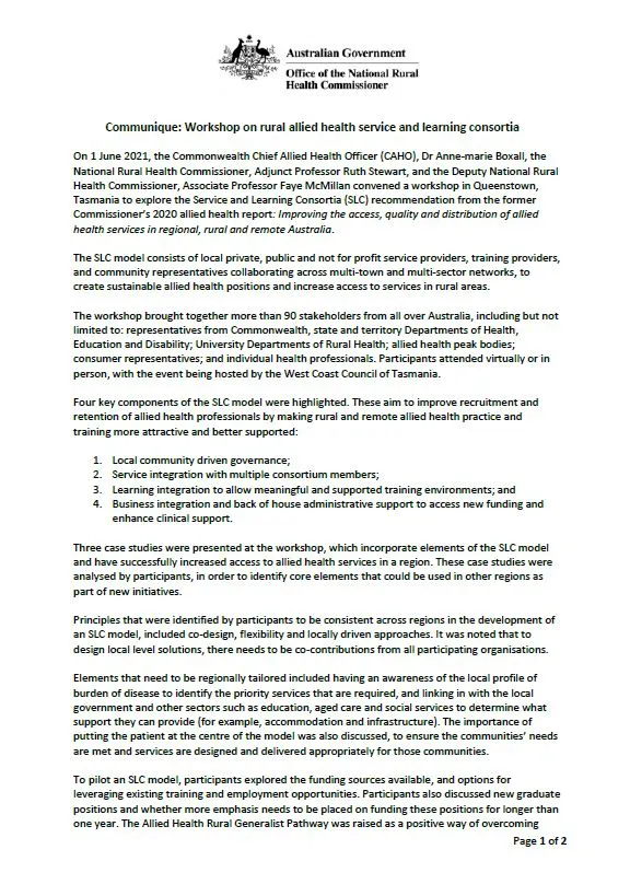 Communique – Workshop on rural allied health service and learning consortia
