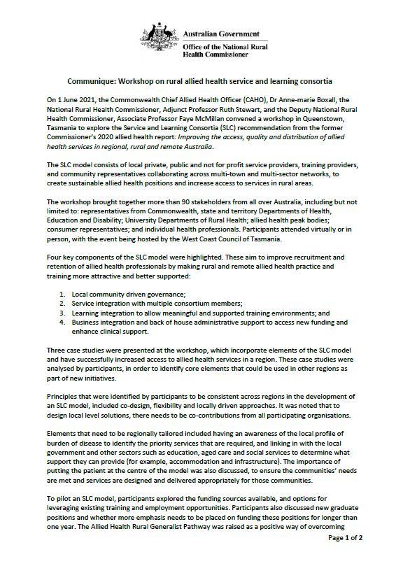Communique – Workshop on rural allied health service and learning consortia
