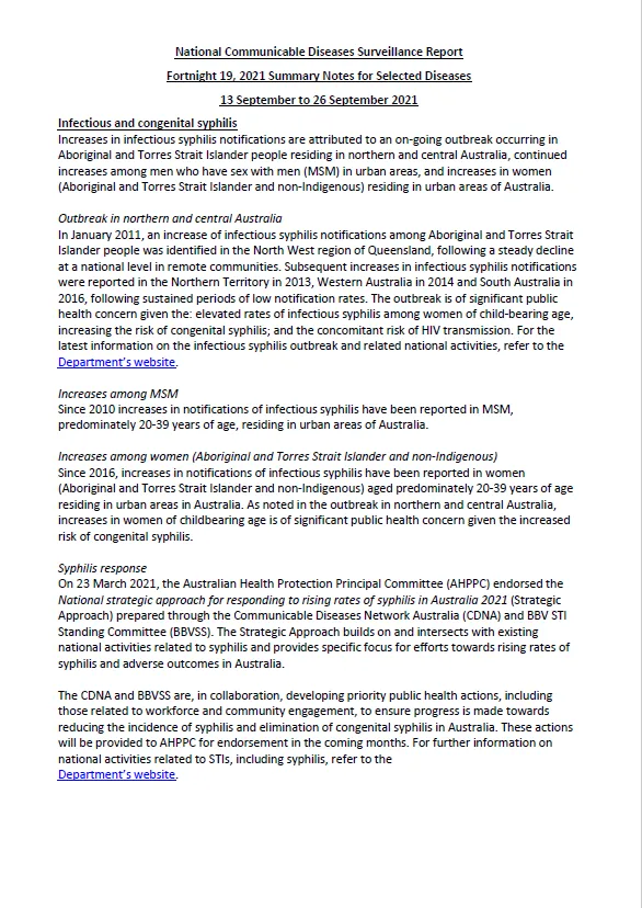 Cover image for National Interoperable Notifiable Diseases Surveillance System (NINDSS) fortnightly reports – 13 to 26 September 2021