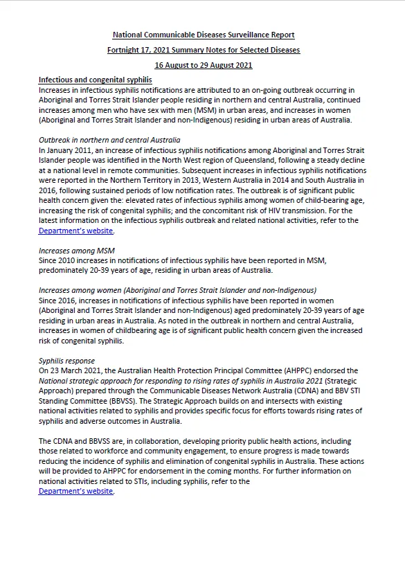 Cover image for National Interoperable Notifiable Diseases Surveillance System (NINDSS) fortnightly reports – 16 to 29 August 2021