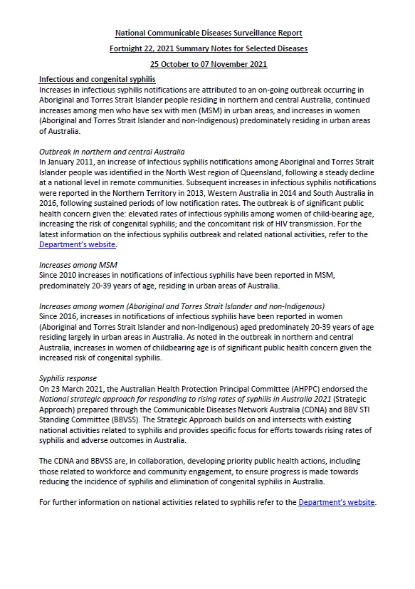 Cover image for National Interoperable Notifiable Diseases Surveillance System (NINDSS) fortnightly reports – 25 October to 7 November 2021