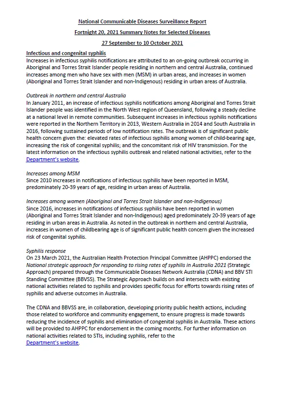Cover image for National Interoperable Notifiable Diseases Surveillance System (NINDSS) fortnightly reports – 27 September to 10 October 2021