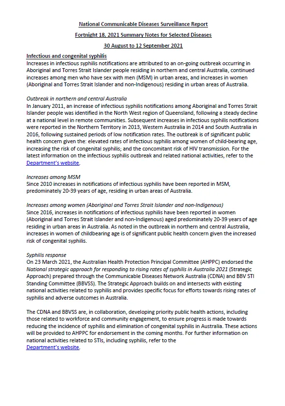 Cover image for National Interoperable Notifiable Diseases Surveillance System (NINDSS) fortnightly reports – 30 August to 12 September 2021