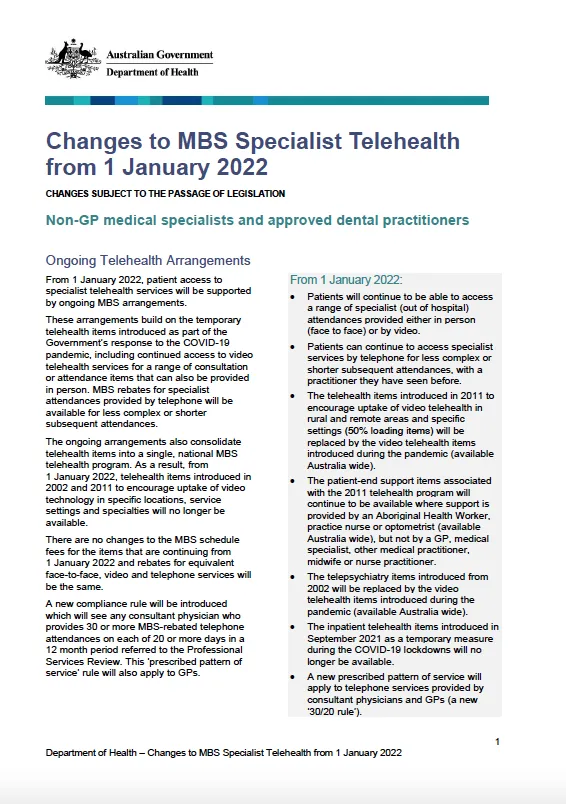 Changes to MBS specialist telehealth from 1 January 2022 cover image