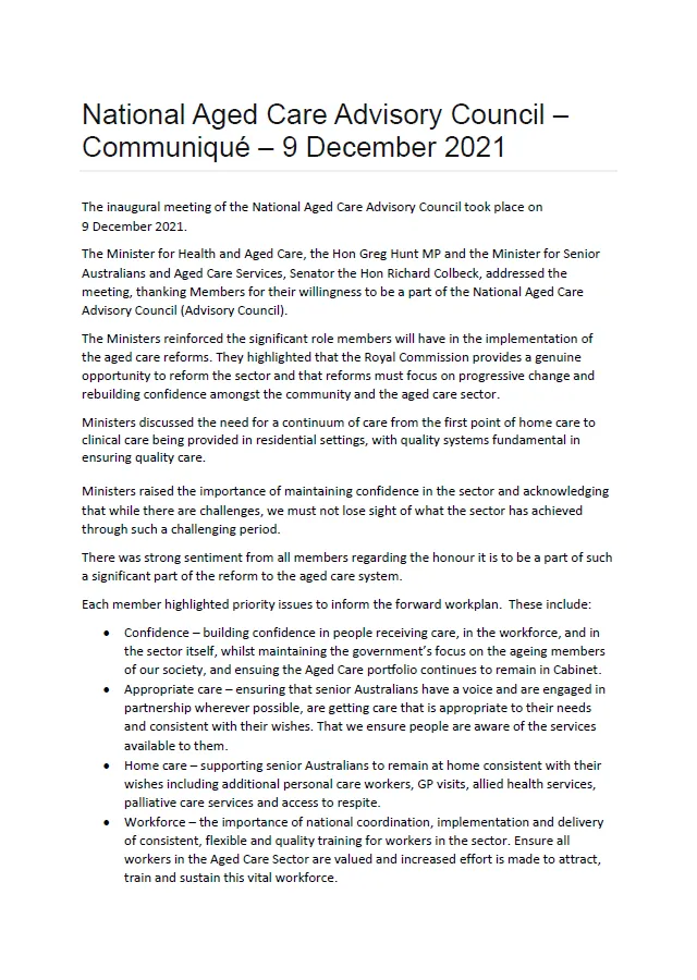National Aged Care Advisory Council communique – December 2021 cover image
