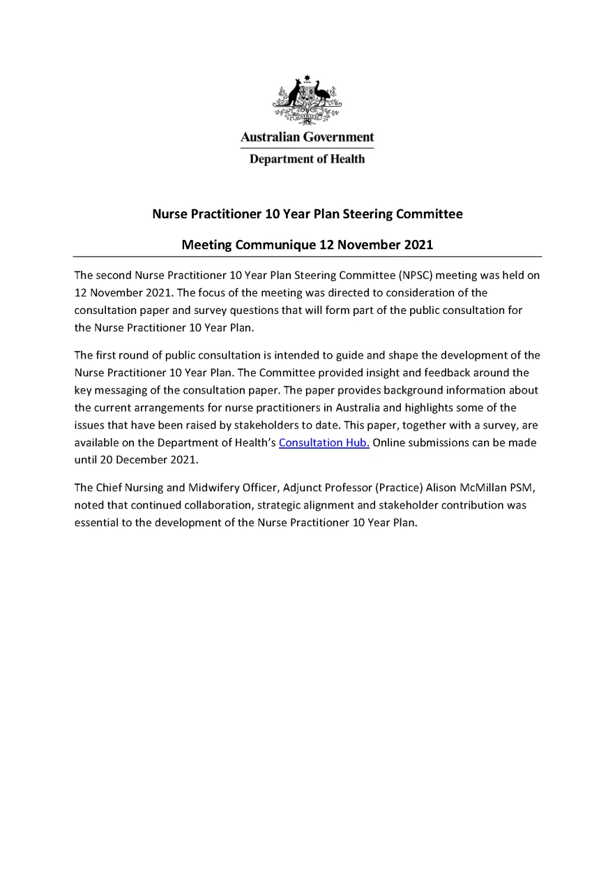 Nurse Practitioner 10 Year Plan Steering Committee communique 12 November 2021