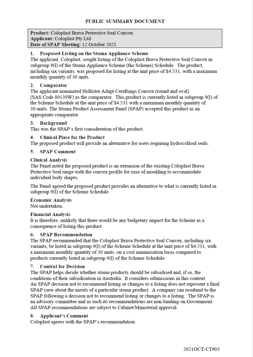 Public Summary Document - Coloplast Brava Protective Seal Convex