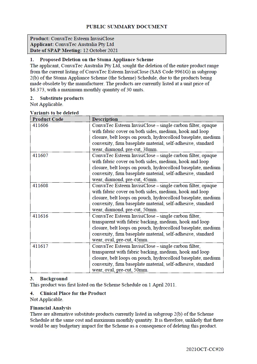 ConvaTec Esteem InvisiClose – SAS Code 9961G