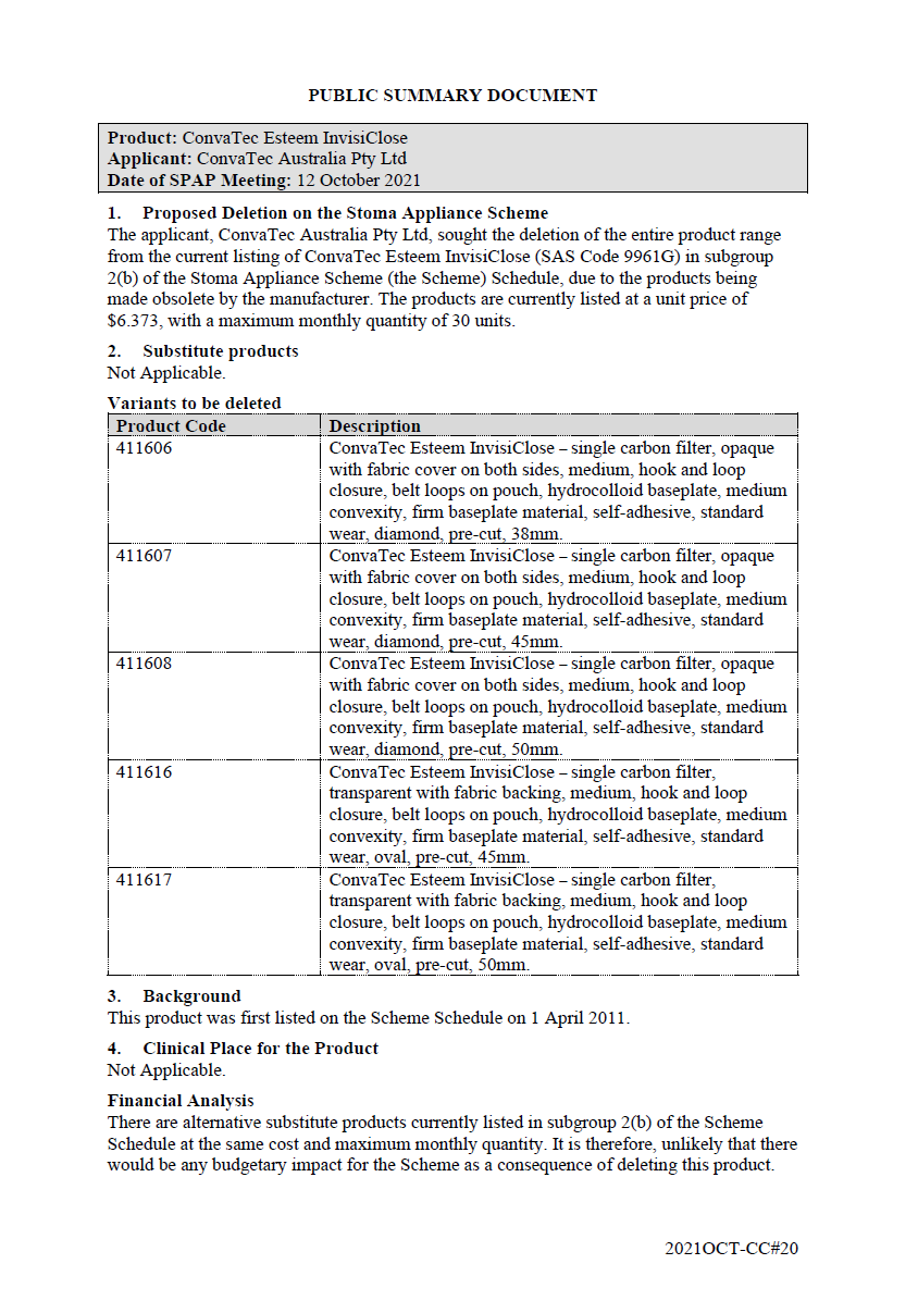 ConvaTec Esteem InvisiClose – SAS Code 9961G