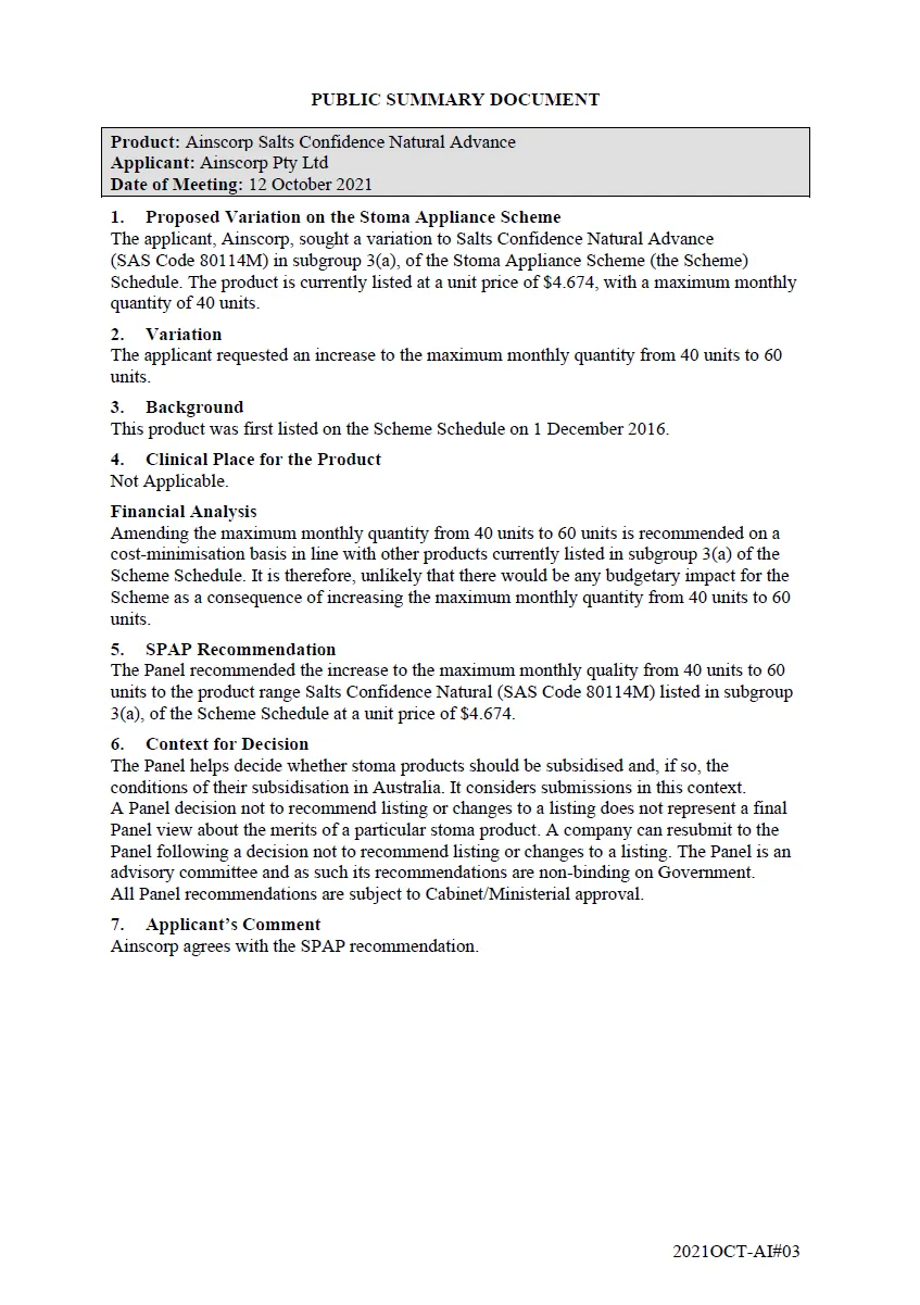 Public Summary Document - Ainscorp Salts Confidence Natural Advance