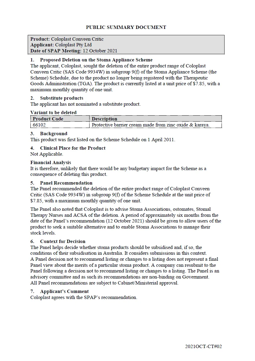 Public Summary Document - Coloplast Conveen Critic