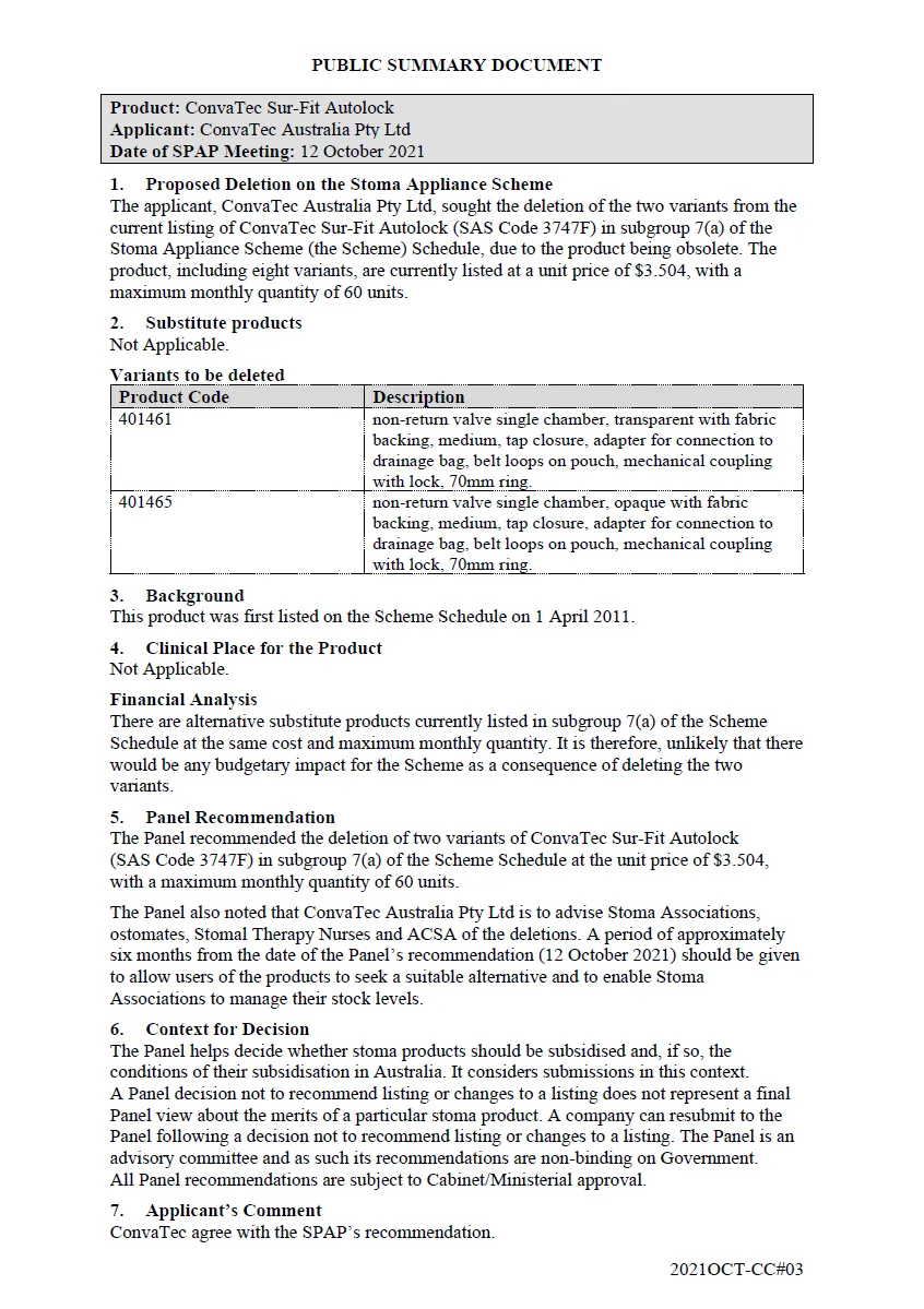 Public Summary Document - ConvaTec Sur-Fit Autolock - SAS Code 3747F