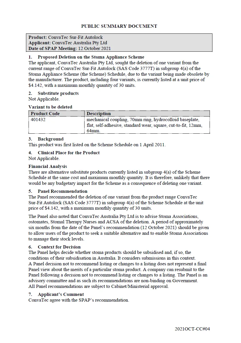 Public Summary Document - ConvaTec Sur-Fit Autolock - SAS Code 3777T