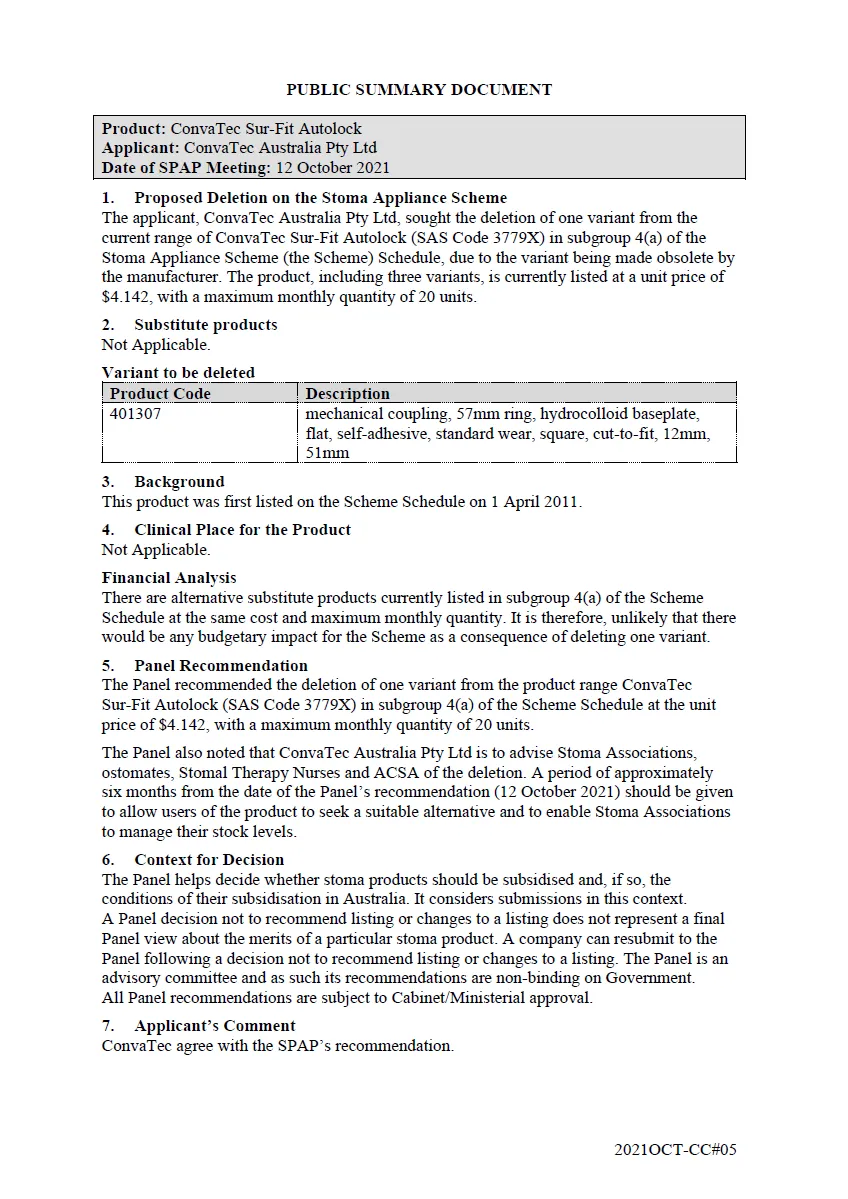 CC#05 - Public Summary Document - ConvaTec Sur-Fit Autolock - SAS Code 3779X