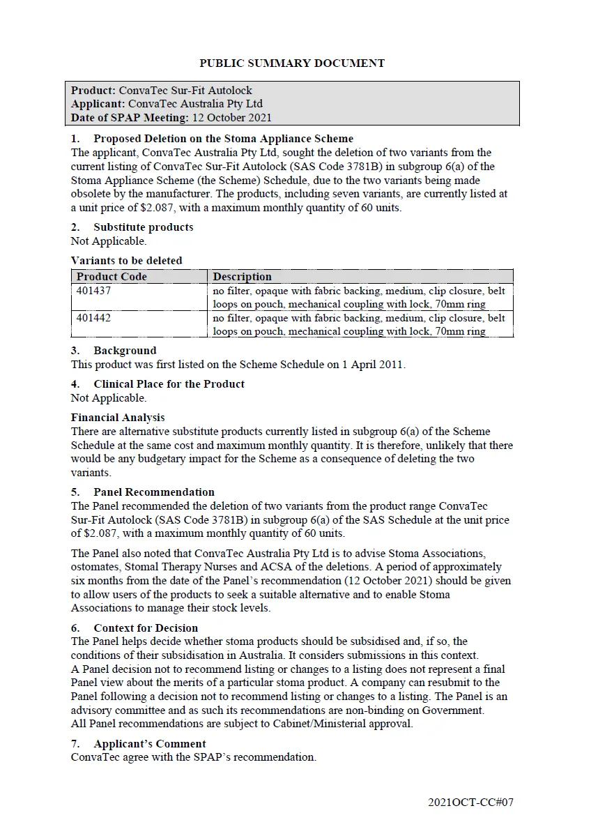 Public Summary Document ConvaTec Sur-Fit Autolock