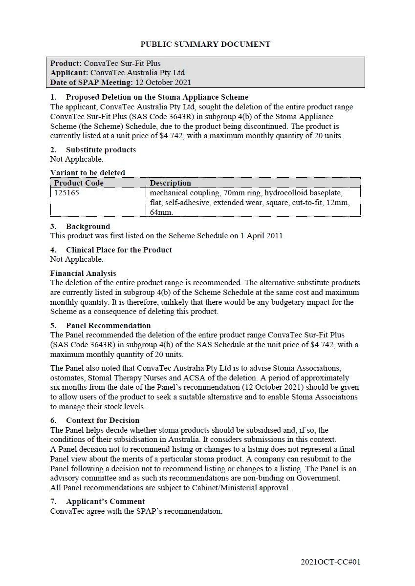Public Summary Document - ConvaTec Sur-Fit Plus - SAS Code 3643R