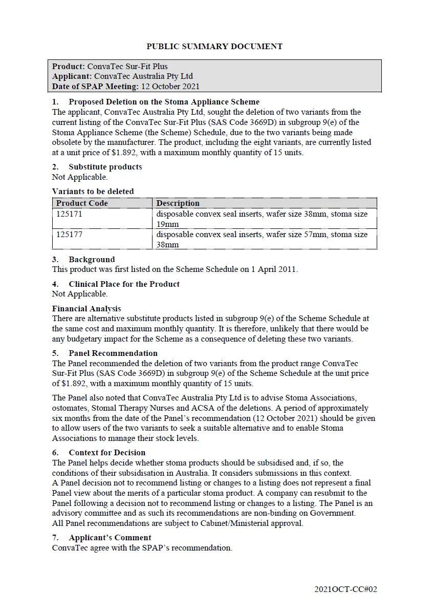 Public Summary Document - ConvaTec Sur-Fit Plus