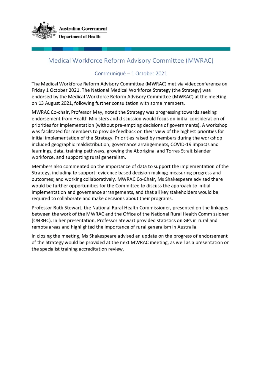 Medical Workforce Reform Advisory Committee (MWRAC) communique – October 2021