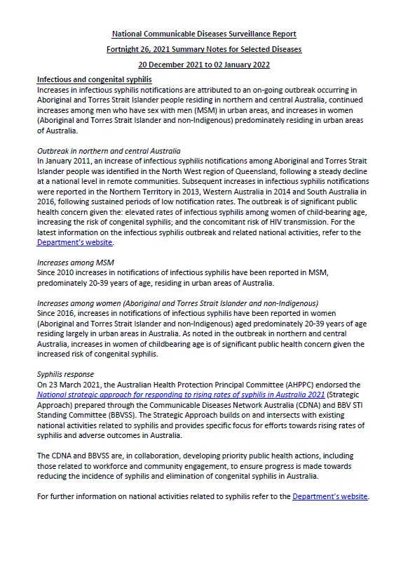 Cover image for National Notifiable Diseases Surveillance System (NNDSS) fortnightly reports – 20 December 2021 to 2 January 2022