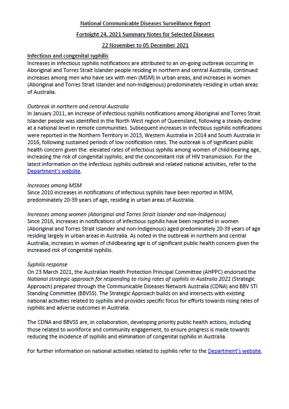 Cover image for National Notifiable Diseases Surveillance System (NNDSS) fortnightly reports – 22 November to 5 December 2021
